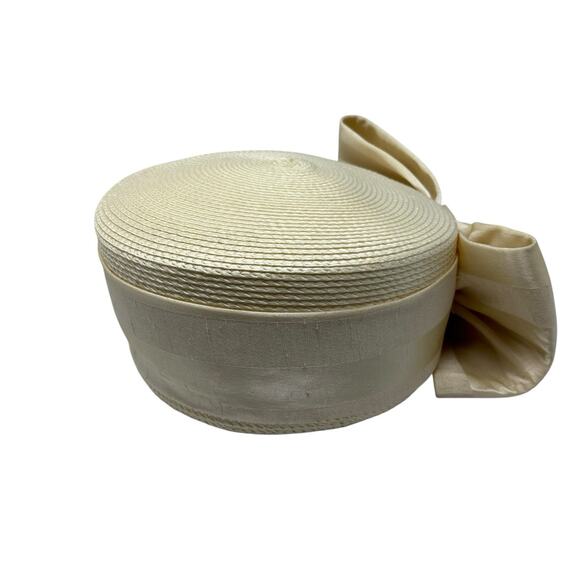 Vintage Sylvia New York Ivory Woven Pillbox Hat w/ Bow Wedding Derby Church main image 5